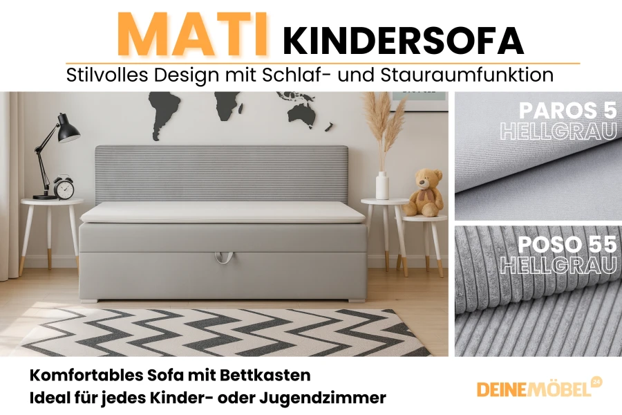 Produktübersicht Mati Kindersofa in Hellgrau mit Stoffvarianten und Bettkasten.