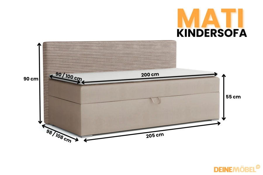 Maße des Mati Kindersofas: 205 cm Gesamtlänge und 90 cm Höhe der Rückenlehne.
