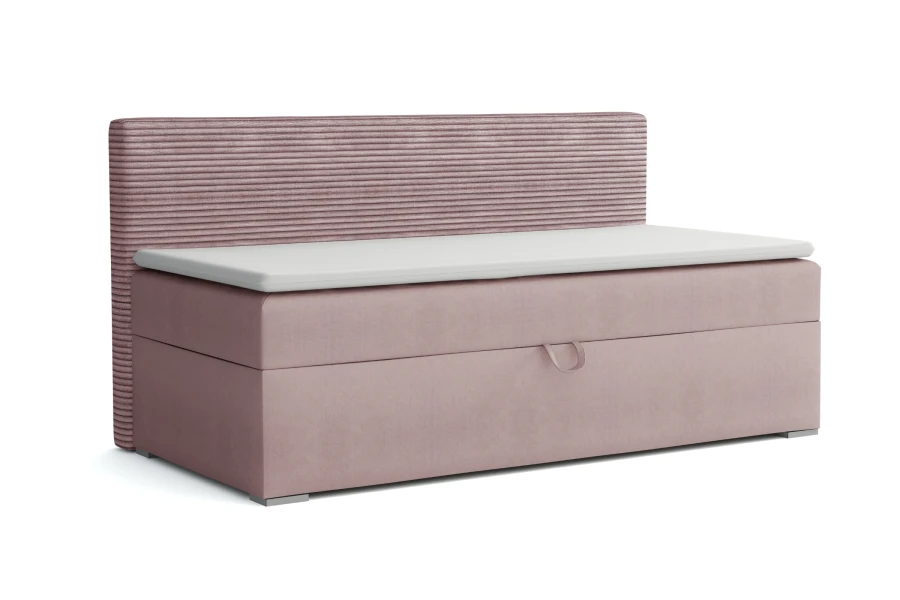 Modernes Kindersofa Mati in Rosa mit eleganter Cord-Optik und Bettkasten.