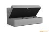 Graues Kindersofa mit geöffnetem Bettkasten für zusätzlichen Stauraum.