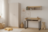 Bright children's room set with beige wardrobe, wooden desk and shelf.