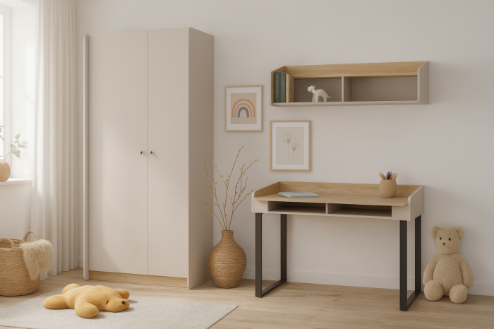 Helles Kinderzimmer-Set mit beigem Kleiderschrank, Holzschreibtisch und Regal.