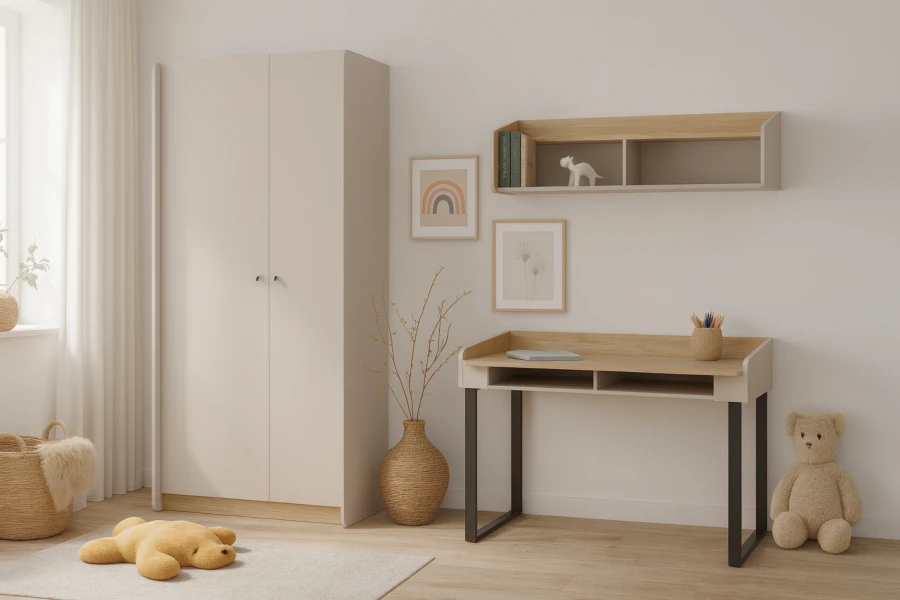 Helles Kinderzimmer-Set mit beigem Kleiderschrank, Holzschreibtisch und Regal.
