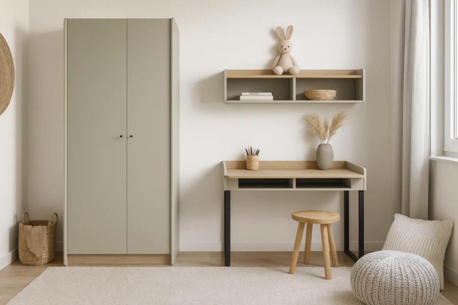 Modernes Jugendzimmer-Set in Olivgrün mit Kleiderschrank und Schreibtisch.