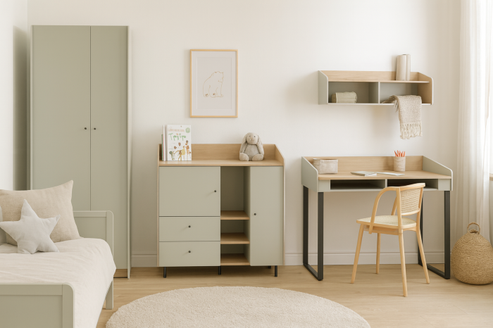 Stilvolles Kinderzimmer in Salbeigrün mit Kleiderschrank, Sideboard und Schreibtisch mit Holzstuhl.