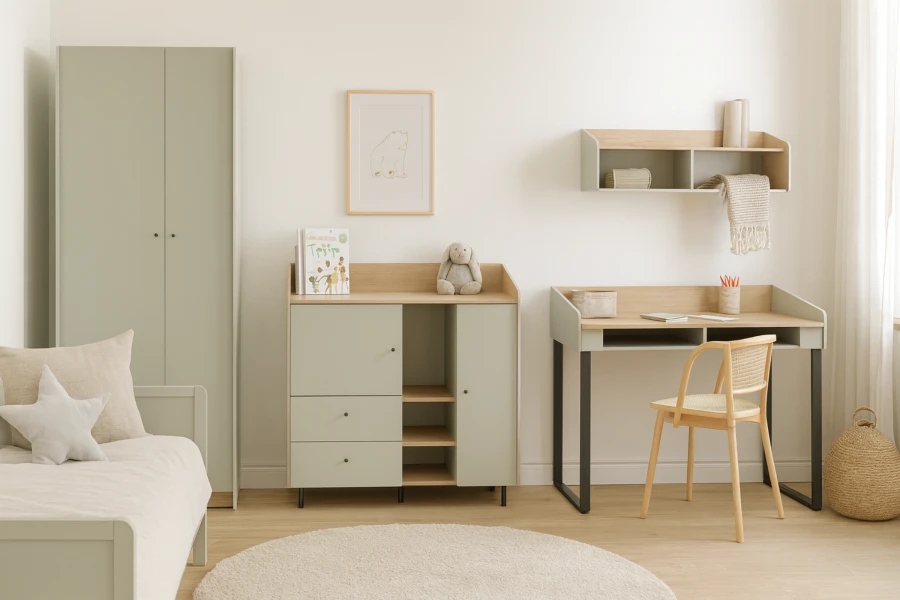 Stylish children's room in sage green with wardrobe, sideboard and desk with wooden chair.