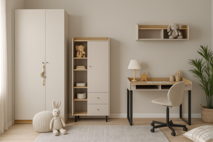 Beiges Jugendzimmer-Möbelset mit Kleiderschrank, Kombiregal und Schreibtisch mit ergonomischem Stuhl.