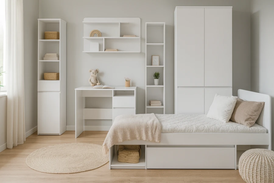 Complete kinderkamer in wit met functioneel bed, bureau, kledingkast en smalle rekken.