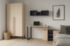 Moderne werkkamer met lichte kledingkast, houten bureau en laptop voor witte wand.