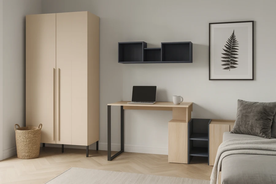 Moderne werkkamer met lichte kledingkast, houten bureau en laptop voor witte wand.