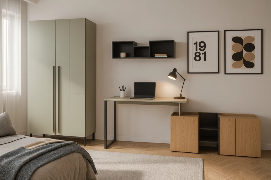 Salbeigrüner Kleiderschrank und Schreibtisch mit Tischlampe und Laptop im modernen Schlafzimmer.