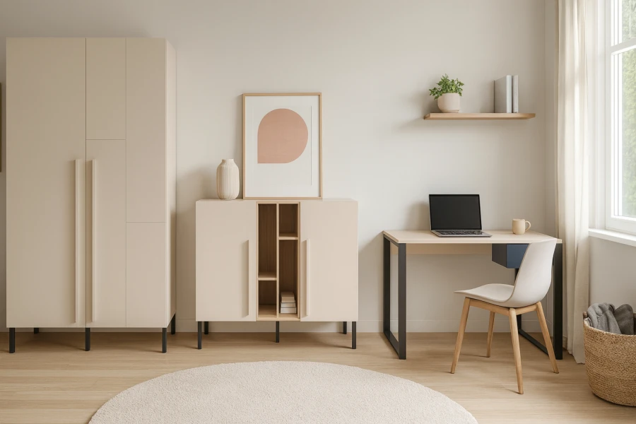 Beige Zimmereinrichtung mit Kleiderschrank, Sideboard und Schreibtisch samt weißem Stuhl auf rundem Teppich.