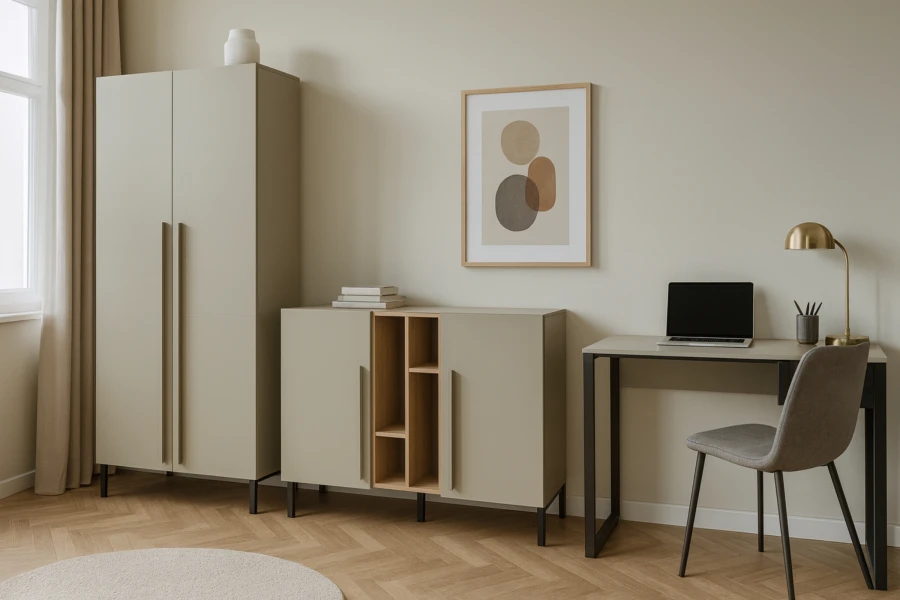 Salbeigrünes Möbel-Set mit Kleiderschrank, Sideboard und Schreibtisch samt grauem Polsterstuhl.
