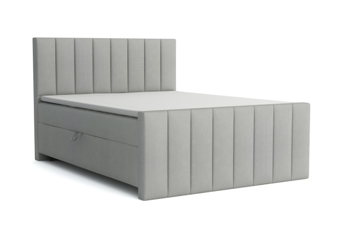 Modernes Boxspringbett FEN in Hellgrau mit elegant gestepptem Kopf- und Fußteil.