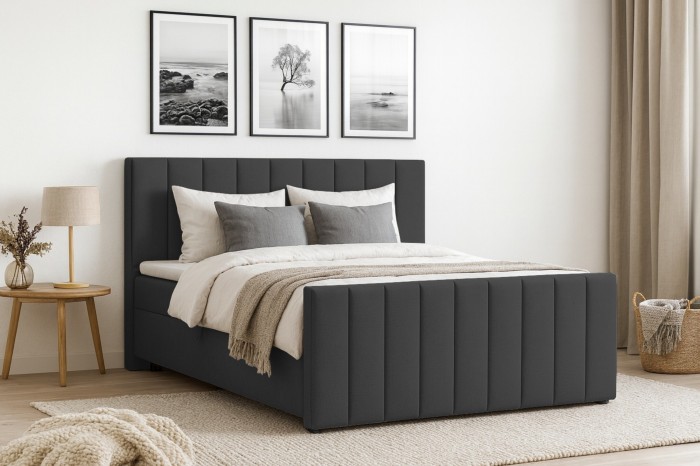 Modernes Boxspringbett in Anthrazit mit vertikal gestepptem Kopfteil für ein stilvolles Schlafzimmer.