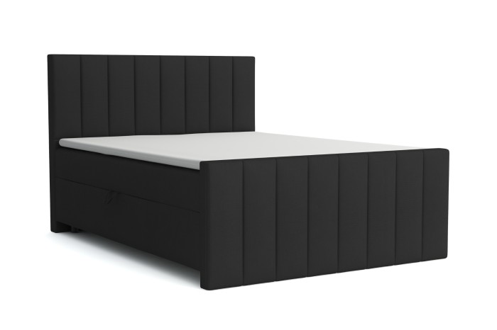 Schwarzes Boxspringbett mit gestepptem Kopfteil und Fußteil auf weißem Hintergrund.