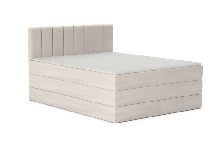 Elegantes beiges Boxspringbett mit gestepptem Kopfteil auf weißem Hintergrund.
