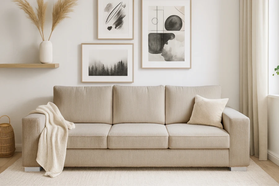Beige corduroy sofa in a modern living room with minimalist decoration.