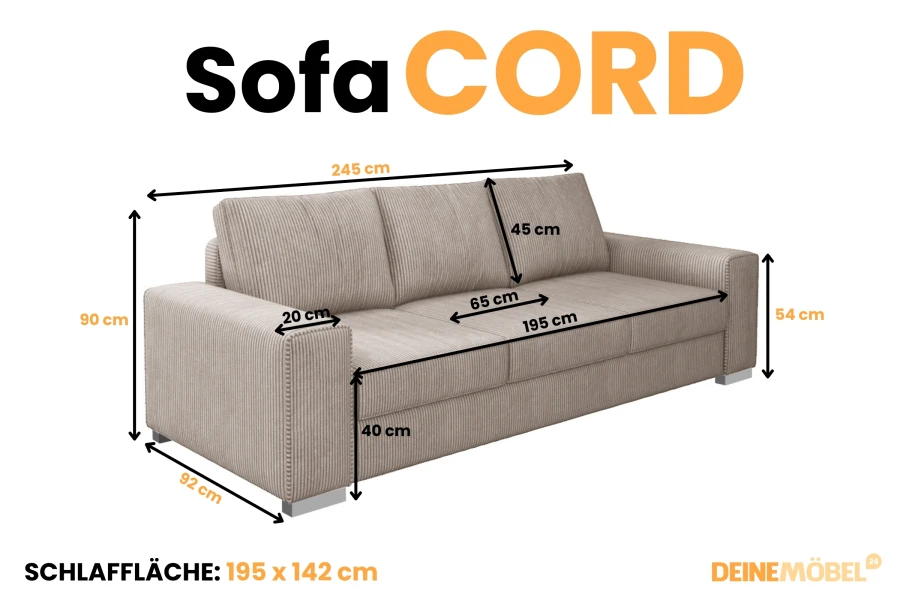 Maßskizze des Cord-Sofas mit Angaben zu Breite, Höhe und Schlaffläche.