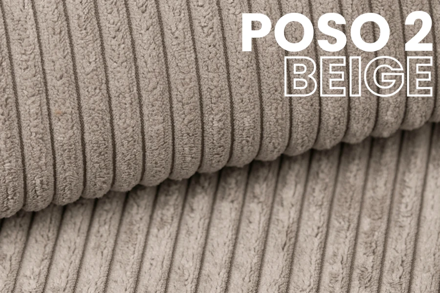 Nahaufnahme der weichen Cord-Stoff-Struktur Poso 2 in Beige.