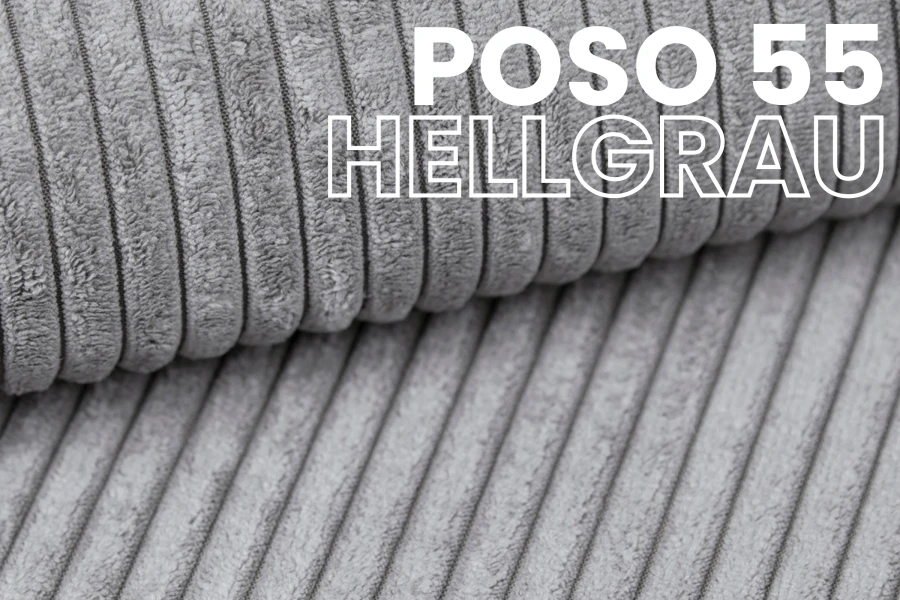 Detailaufnahme von hellgrauem Cord-Stoff Poso 55 für Polstermöbel.