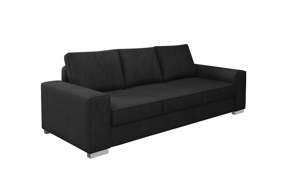 Moderne zwarte 3-zits bank van ribstof met metalen poten op een witte achtergrond.