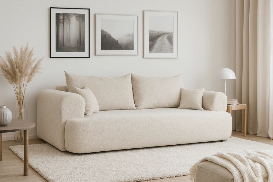 Beiges Bouclé-Sofa in hellem Wohnzimmer mit moderner Dekoration und Teppich.