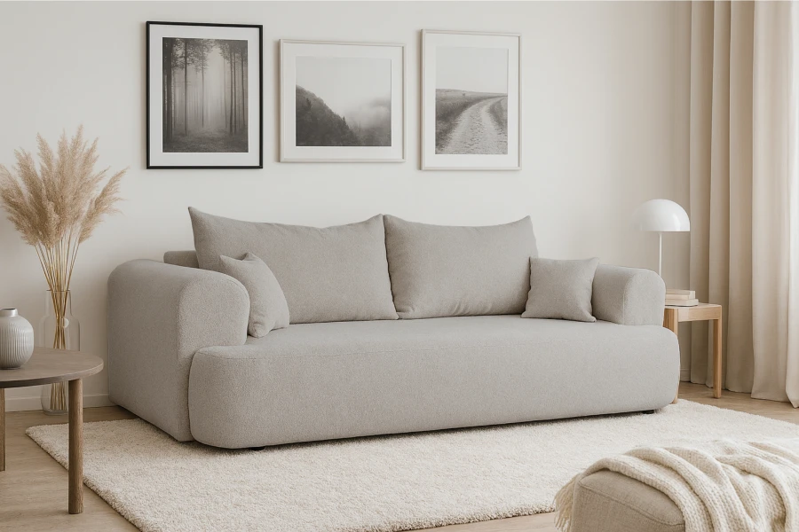 Modernes beiges Sofa in einem minimalistisch eingerichteten Wohnzimmer mit Wandbildern.