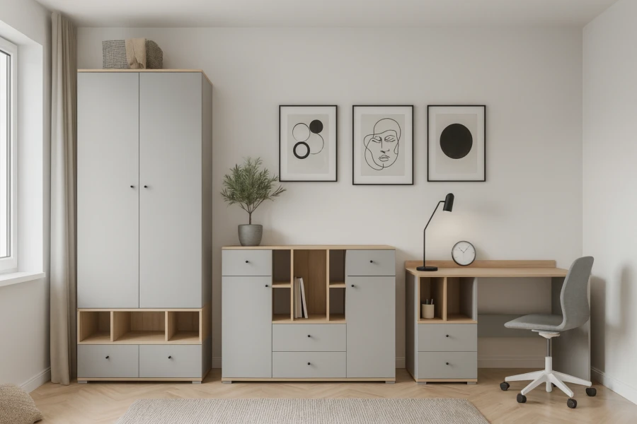 Möbelset in Grau und Eiche für das Arbeitszimmer mit Kleiderschrank, Sideboard und Schreibtisch.