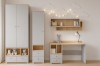 Child-friendly room with grey wooden furniture, cloud wall decoration and cute soft toys.