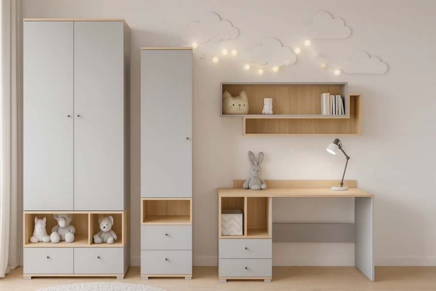 Kindgerechtes Zimmer mit grauen Holzmöbeln, Wolken-Wanddeko und niedlichen Kuscheltieren.