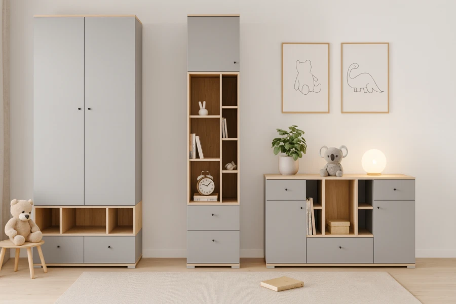 Modernes Kinderzimmer-Set in Grau und Holzoptik mit Kleiderschrank und Regal.
