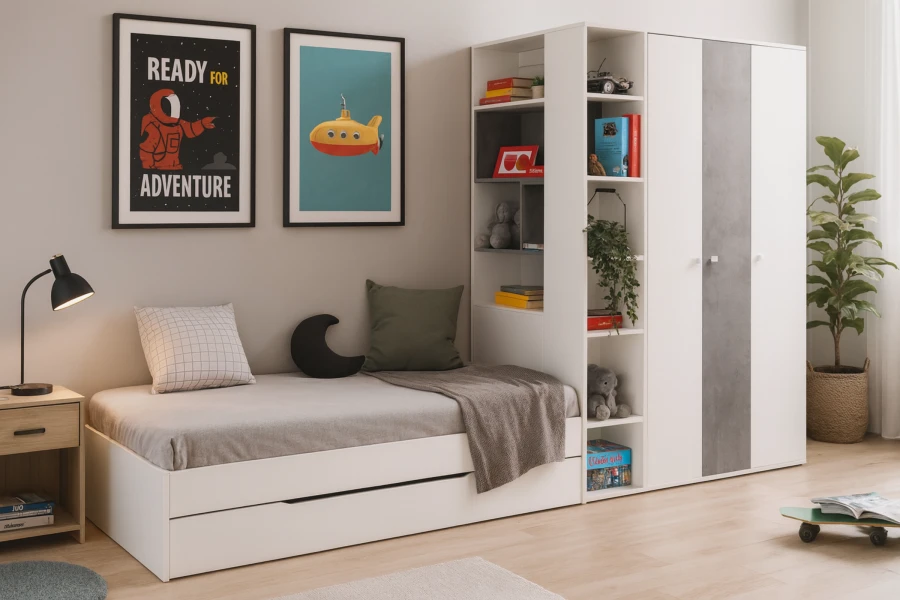 Modernes Jugendzimmer mit weißem Funktionsbett, Regal und Kleiderschrank in Weiß-Grau.