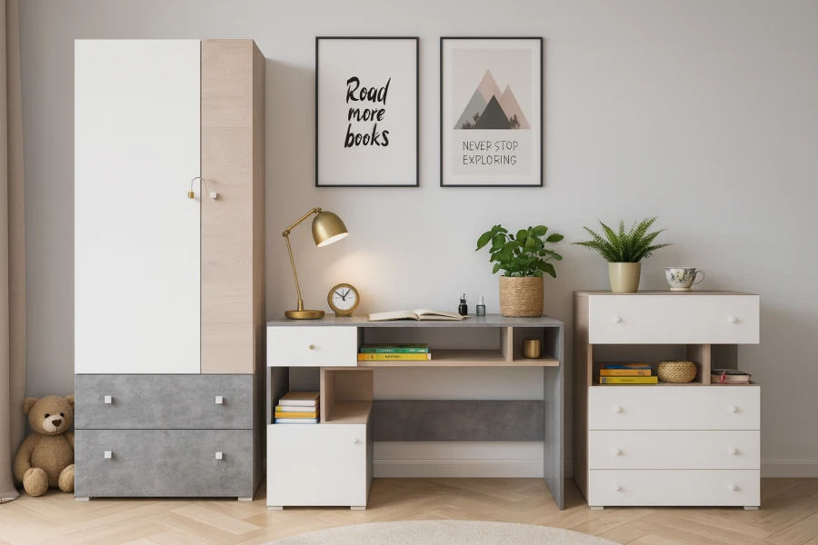 Kinderzimmer Schreibtisch mit Kleiderschrank und Kommode in Weiß und Eiche-Optik.