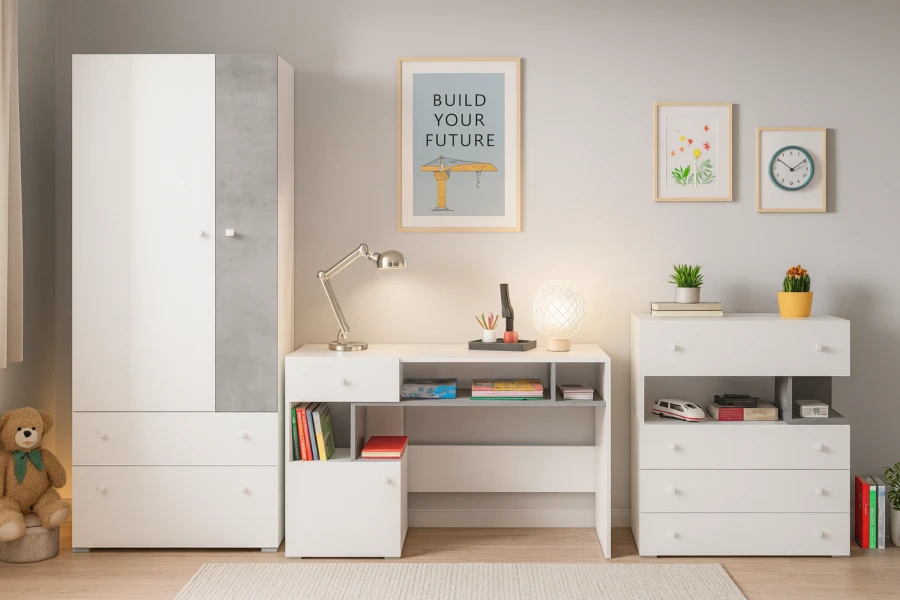 Modernes Möbel-Set für Jugendzimmer mit Schreibtisch, Schrank und Kommode in Weiß-Grau.