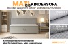 Matis Kindersofa in Hellgrau mit Bettkasten-Funktion und Stoffbeispielen Paros und Poso.
