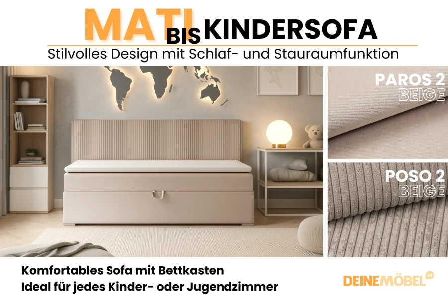 Matis Kindersofa in Beige, Stoffauswahl Paros und Poso, ideal für Kinder- oder Jugendzimmer.