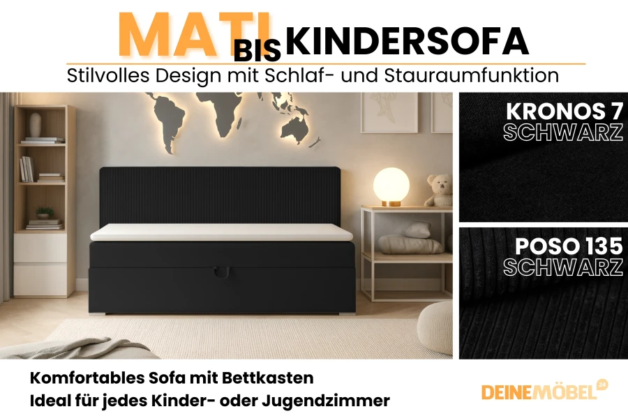 Matis Kindersofa in Schwarz mit Schlaffunktion und Bettkasten für Jugendzimmer.