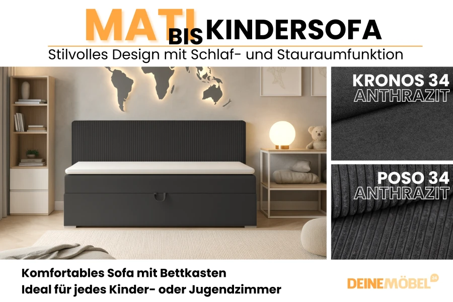 Anthrazitfarbenes Matbis Kindersofa mit Schlaffunktion und Bettkasten für Jugendzimmer.