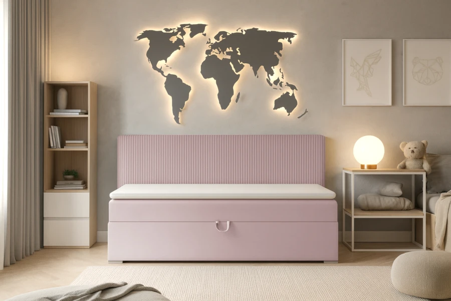 Stilvolles rosa Kindersofa im modern eingerichteten Kinderzimmer mit Weltkarte.