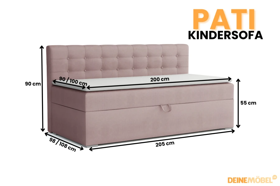 Maßskizze für das Pati Kindersofa in Rosa mit detaillierten Größenangaben.