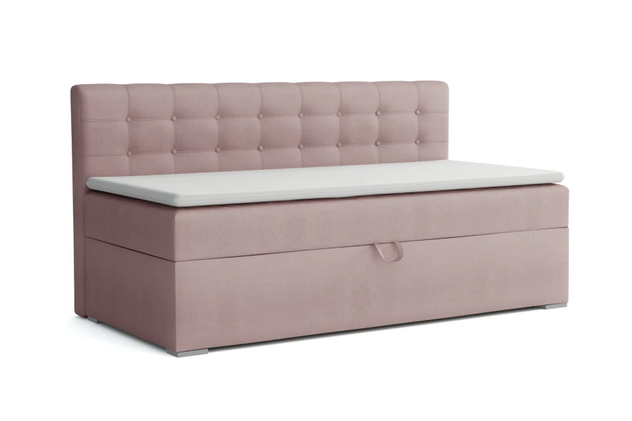 Rosa Kindersofa Pati mit gesteppter Rückenlehne und integriertem Bettkasten.