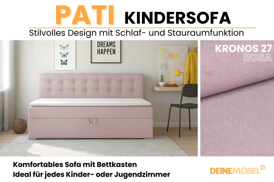Details zum Pati Kindersofa in Rosa mit Stoffmuster Kronos 27 und Design-Highlights.