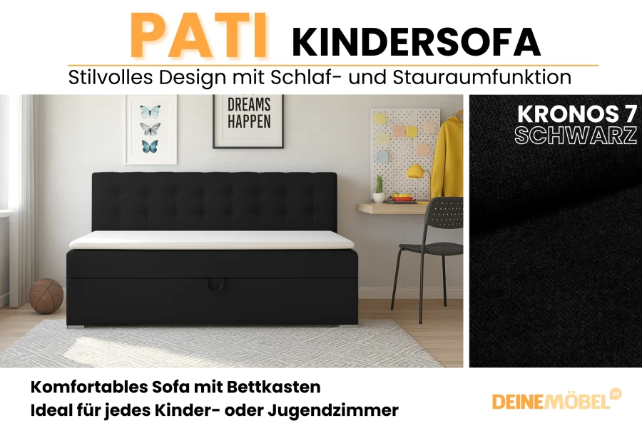 Pati Kindersofa in Schwarz mit Stauraum und Schlaffunktion – ideal für das Kinderzimmer.