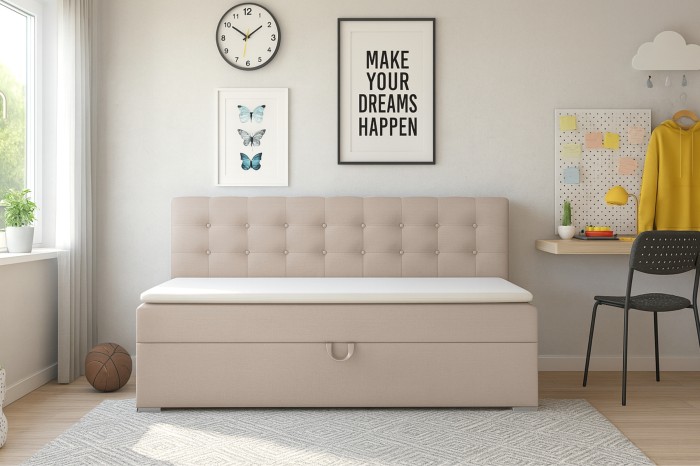Beiges Pati Kindersofa mit Bettkasten und gesteppter Rückenlehne im Kinderzimmer.