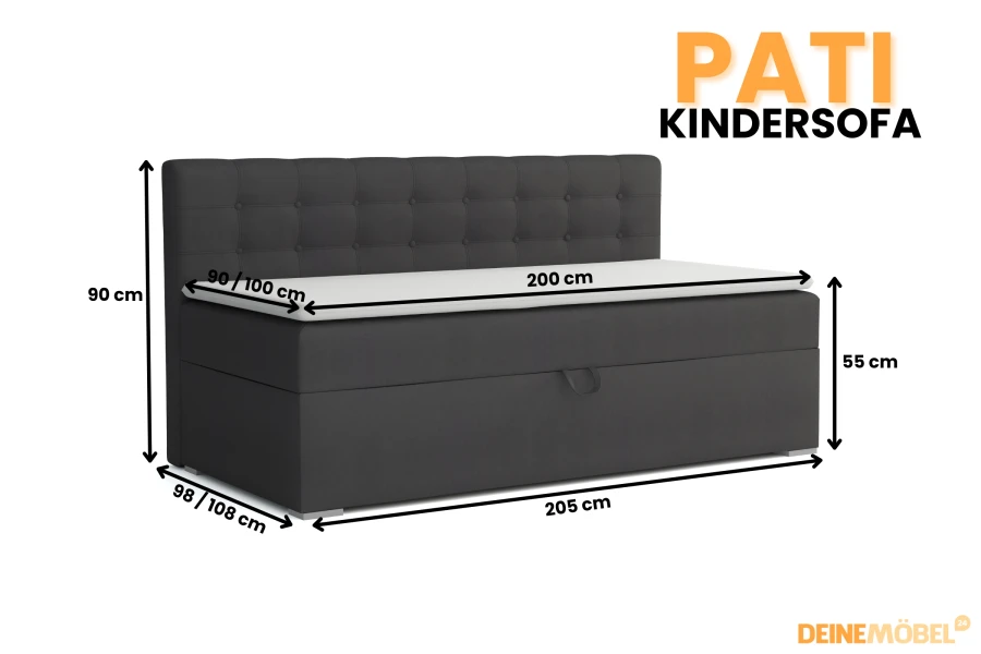 Maße des PATI Kindersofas: 205cm Gesamtlänge, 90cm Gesamthöhe und 98/108cm Tiefe.