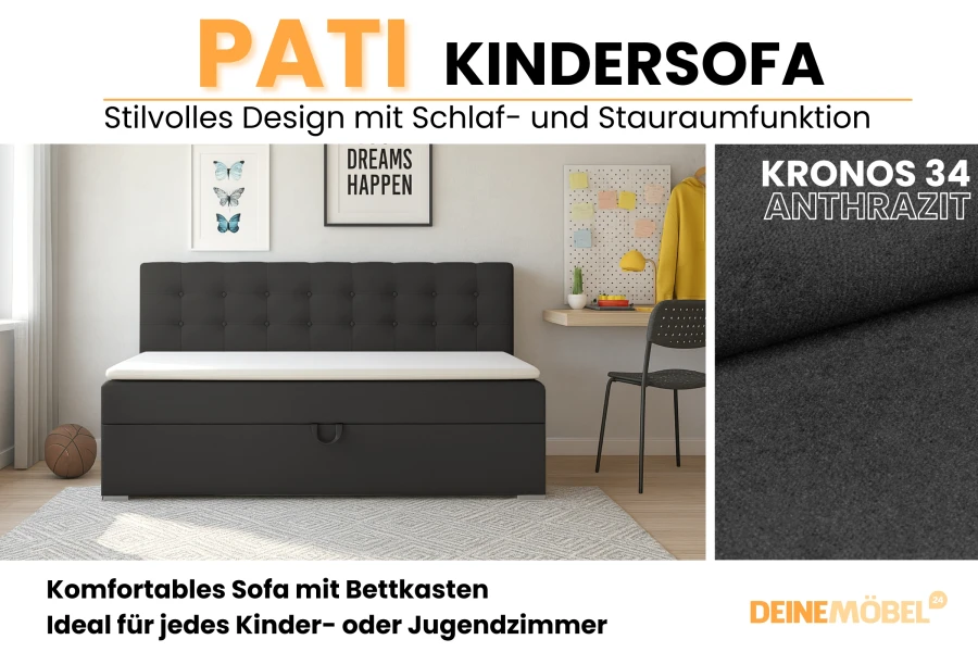 PATI Kindersofa in Anthrazit mit Schlaf- und Stauraumfunktion sowie Bettkasten.