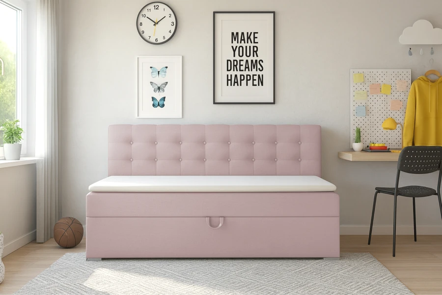 Modern eingerichtetes Kinderzimmer mit dem Pati Kindersofa in Rosa als Mittelpunkt.