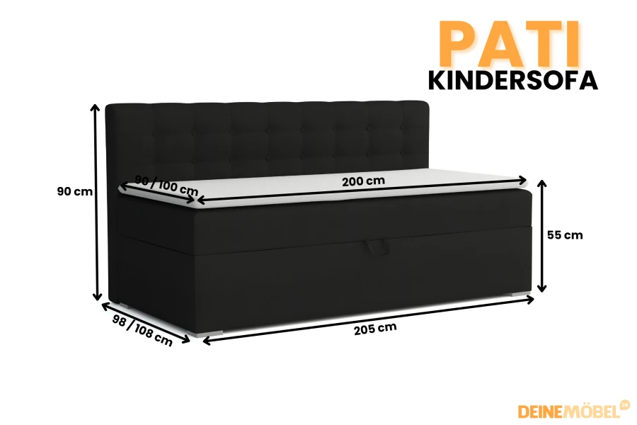 Detaillierte Maße und Abmessungen des schwarzen Pati Kindersofas für die Einrichtung.