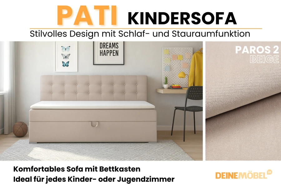 Pati Kindersofa in Paros 2 Beige: Details zu Stoff und Design für Kinderzimmer.